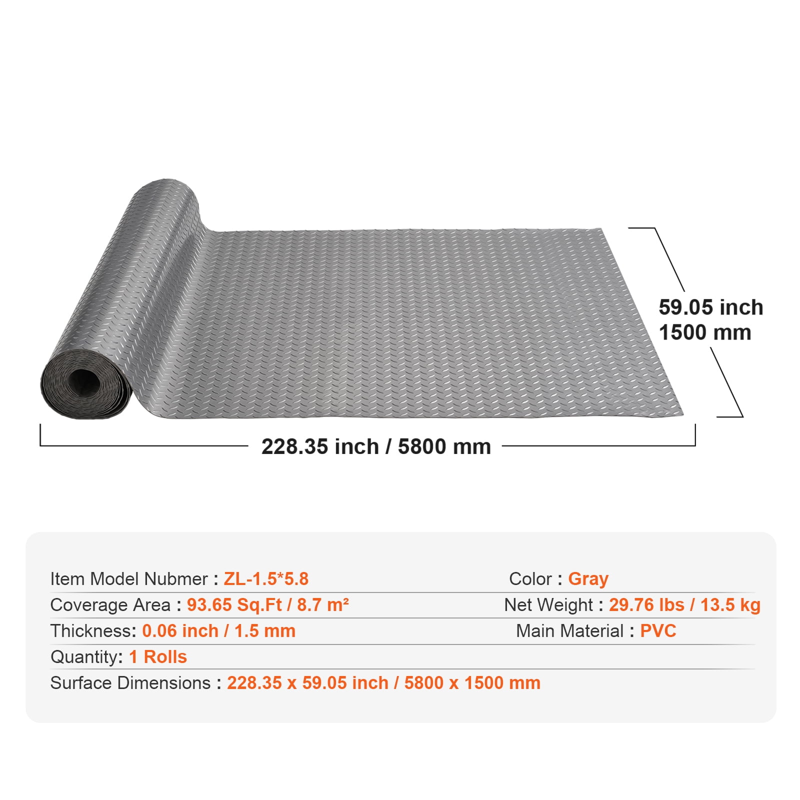 VEVOR Garage Floor Mat Garage Flooring Roll 4.9x19ft Anti-Slip Grey PVC Vinyl