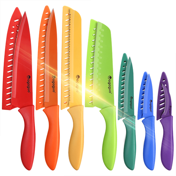 Rainbow Kitchen Knife Set Dishwasher Safe, Sharp 420 Stainless Steel Knife Set, Kitchen Knives Sets Professional With Sheaths, 7 Knives with 7 Blade Guards Non Stick