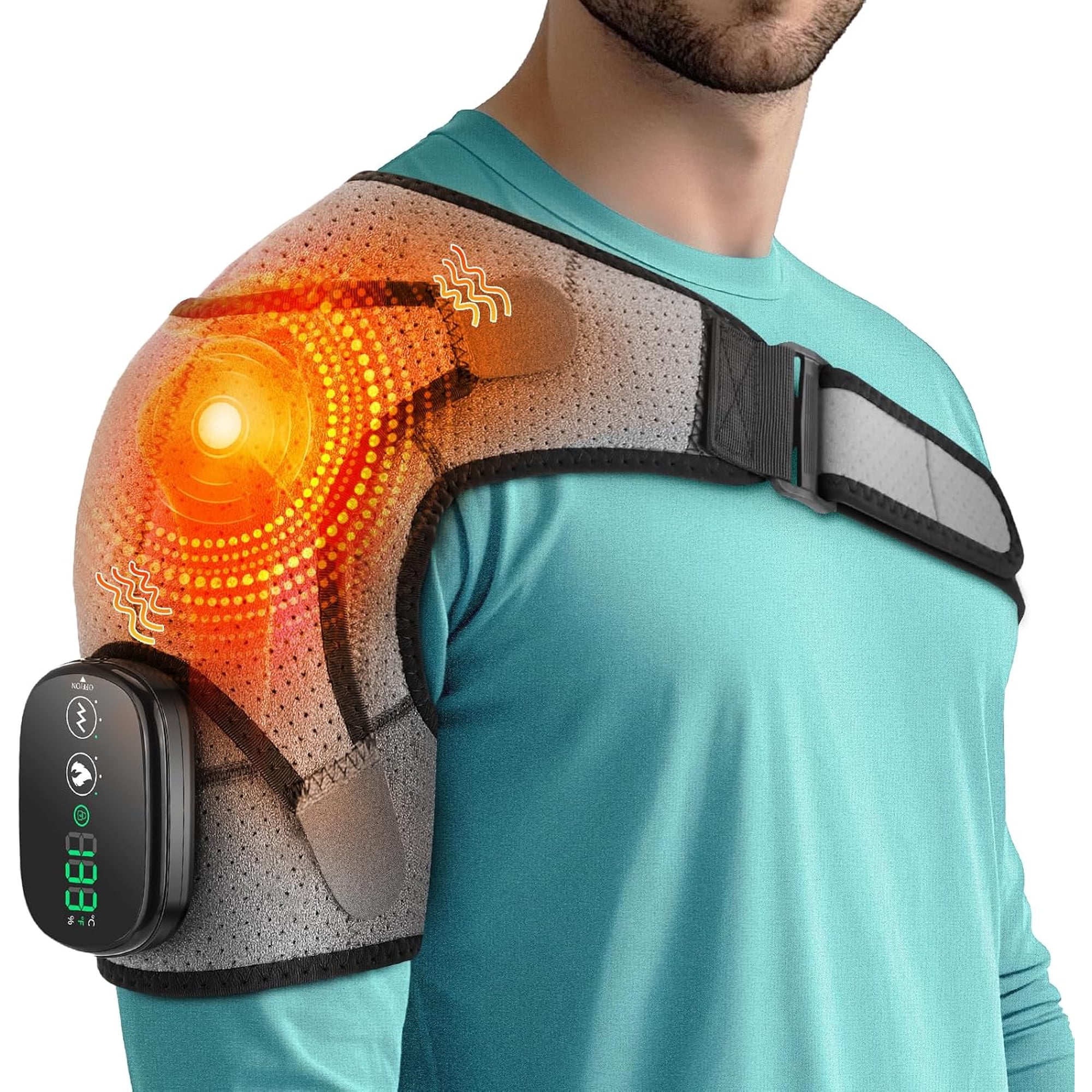 Shoulder Brace Wrap Massager, Cordless Shoulder Heating Pad for Muscle Relax, Electric Heated Shoulder Massage with 3 Heat & Vibration Settings for Women Men, Gray