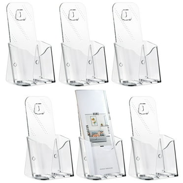 6 Pack Clear Brochure Holder Wall Mount - Pamphlet Display Stand, Mounted Flyer Rack for Menu, Cards, Restaurants, Small Business, Classroom (4x8x3 In)