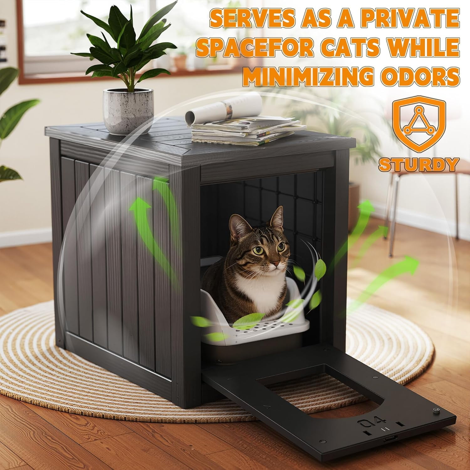 Favory Hidden Cat Litter Box Enclosure Furniture, Indoor Outdoor Cat House Side Table with Openable Door & Raised Floor, Easy Clean Assemble, Black