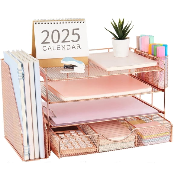 YMWVH 4-Tier Desk Organizer with Drawer & 2 Pen Holders - Desktop File Organizer for Office Supplies, Rose Gold