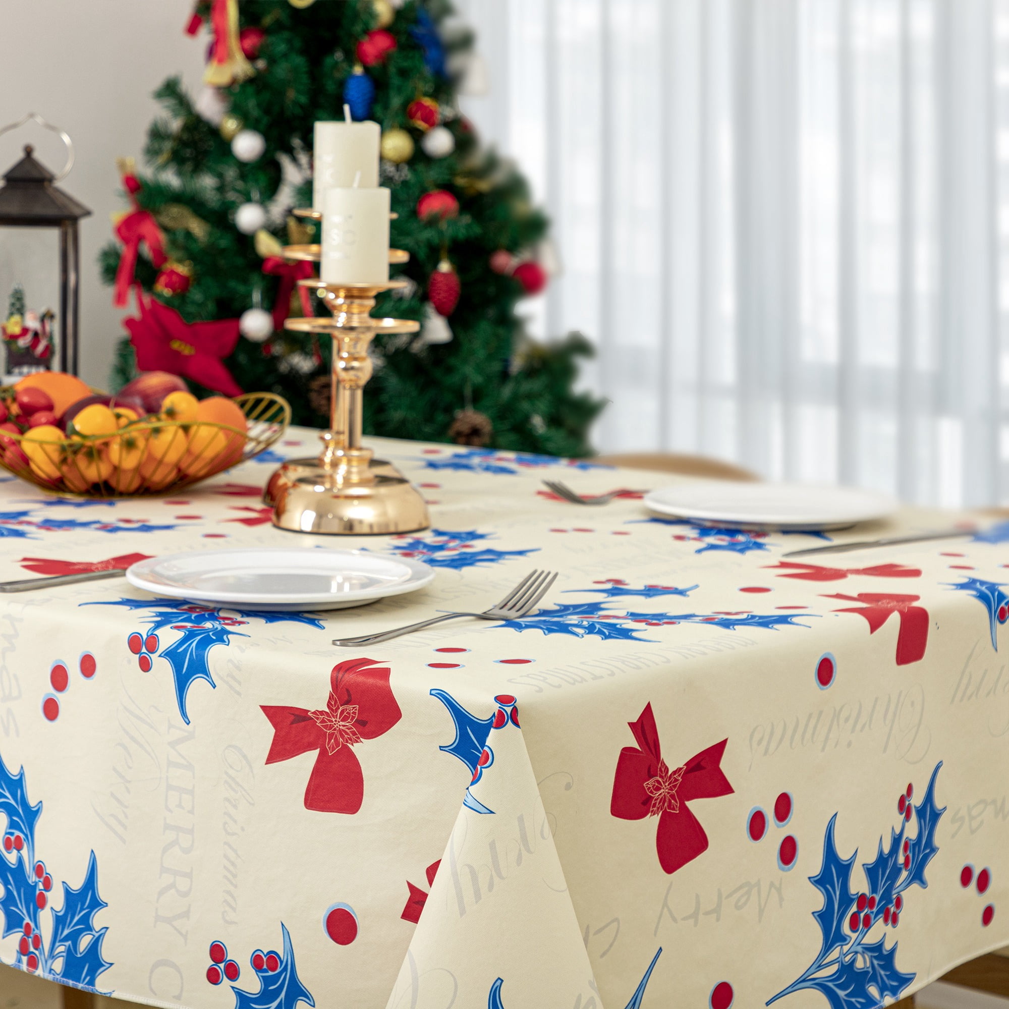 RAY STAR 52x70in Rectangle Vinyl Christmas Tablecloth 100% Waterproof Oil Proof PVC Xmas Decorative Table Cloth