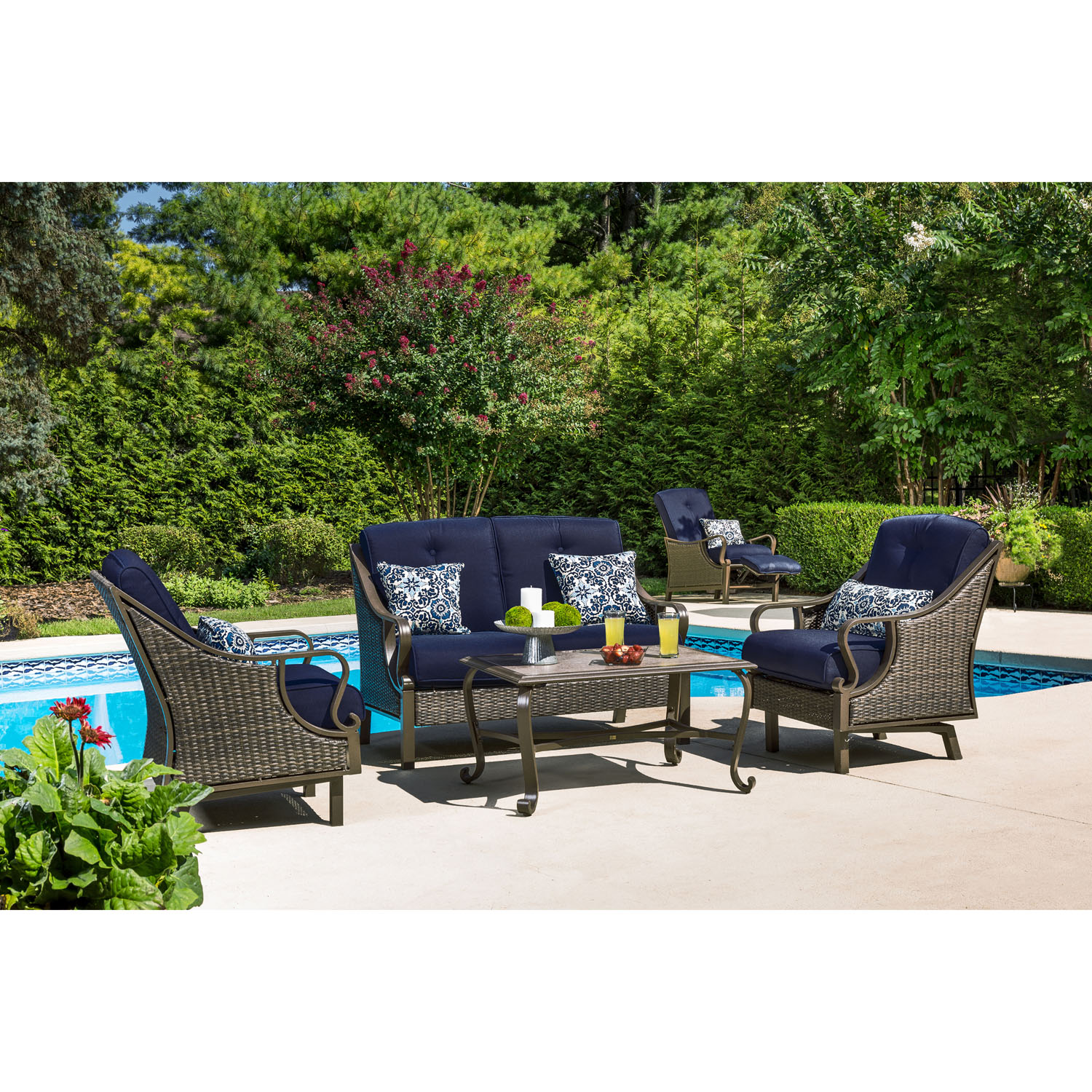 Hanover Ventura 4-Piece Steel Outdoor Patio Deep Seating Set Navy Blue Cushions, 4 Pillows and Rectangular Coffee Table, VENTURA4PC-NVY - image 3 of 12