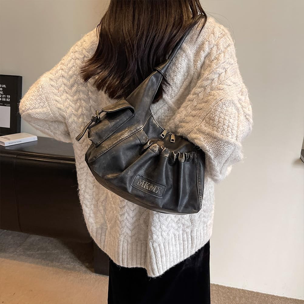 CAILDANL Hobo Bag Washed Leather Tote Bag Retro Crescent Shoulder Bag Y2K Aesthetic Grunge Bag Purse for Women