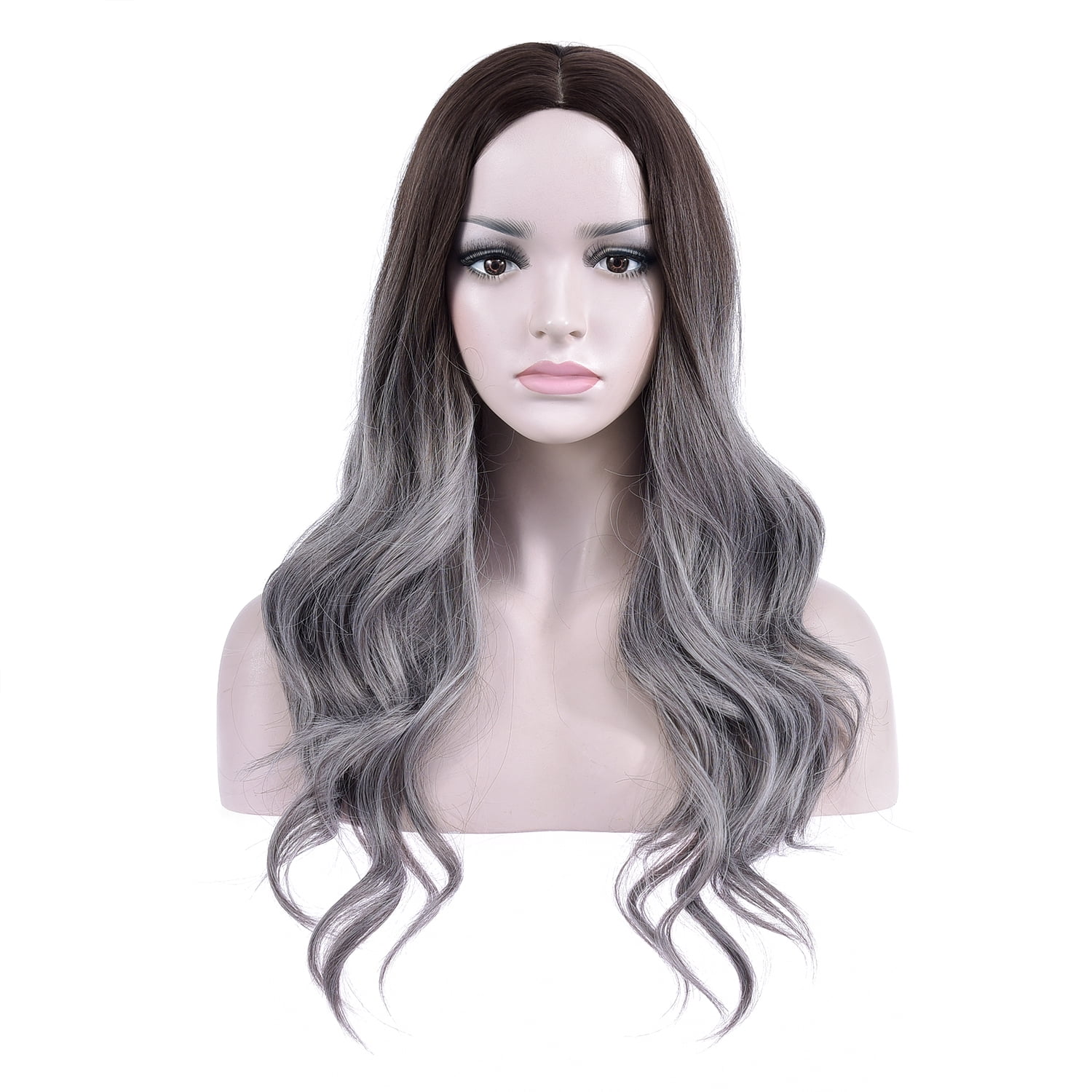 BERON Black Ombre Grey Wigs Long Wavy Wig for Women Middle Part Wig