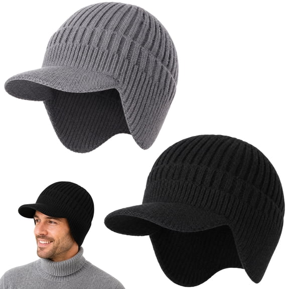 Bocaoying 2 Pack Winter Hats for Men Women Fleece Lined Knit Beanie with Fold-Down Visor and Ear Flaps