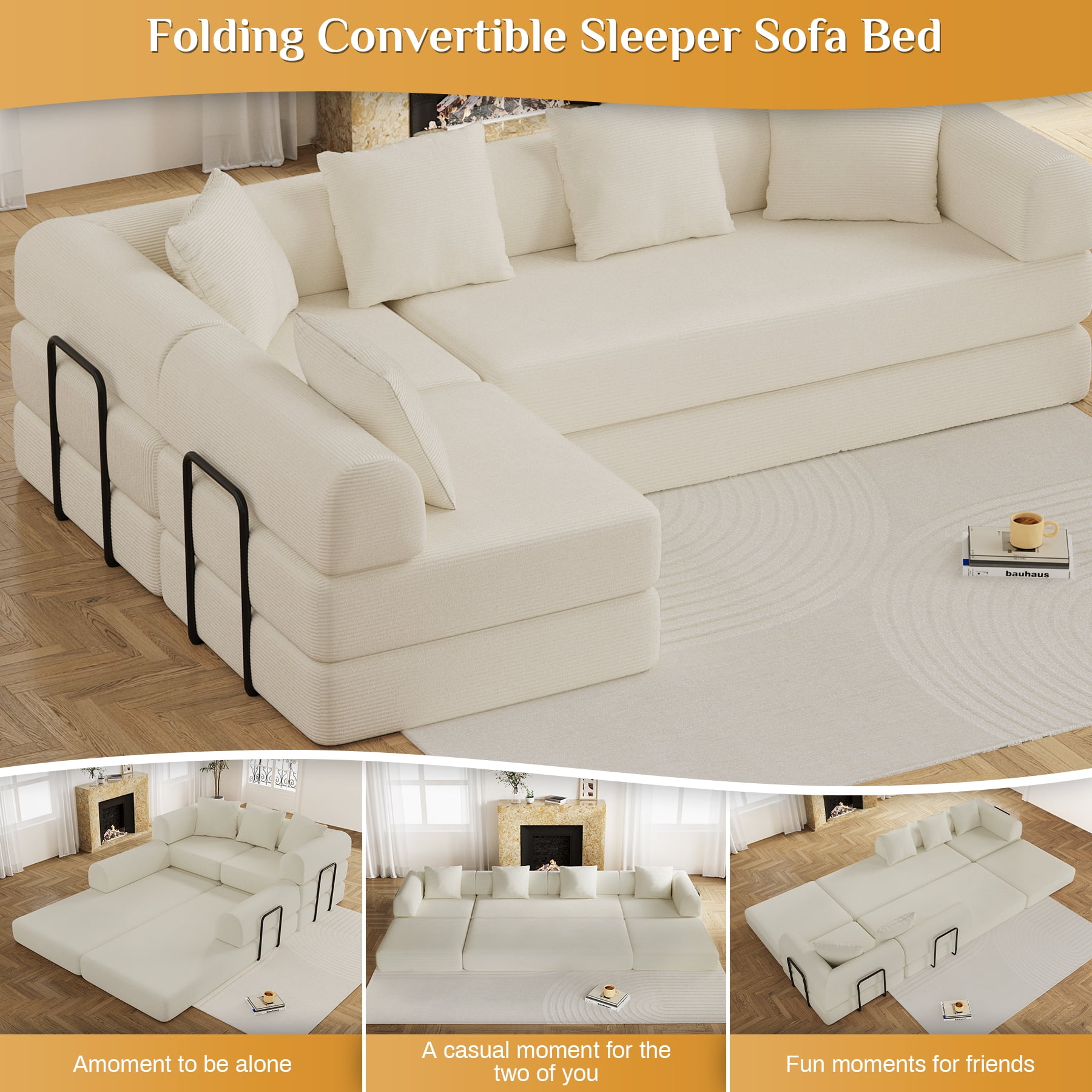 157" Convertible Sleeper Sofa Bed,Corduroy Futon Sofa Couch with High-Density Foam,Deep Seat Sofa for Living Room, Bedroom,Beige