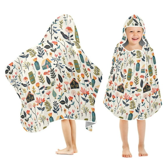 Toddler Hooded Beach Towel 24x50 Kids Bath Towels Soft Quick Dry for Swim Pool Boys Girls Flower House Leaves