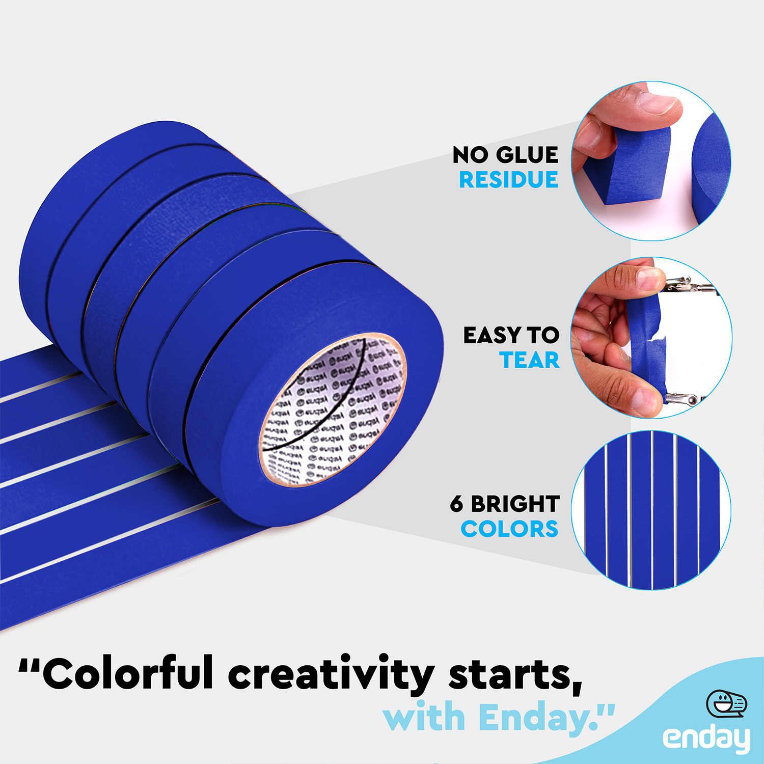 enday Masking Tape, 1" x 60 Yards, Blue, Pack of 6