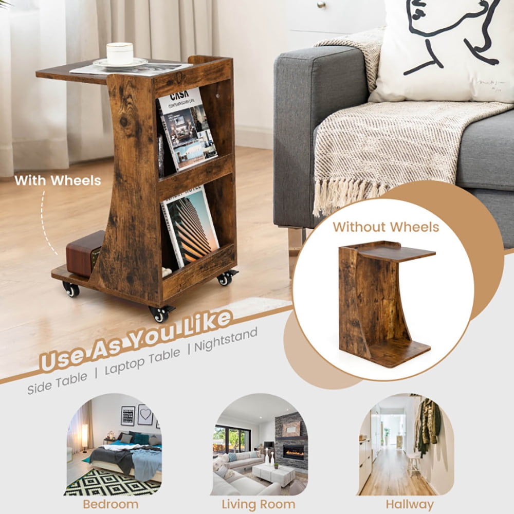 Finihen End Table, C-shaped Rolling End Side with Back Storage Shelves beside Sofa, Sofa Side Table, Bed Side Table, for Living Room, Bedroom, Rustic Brown