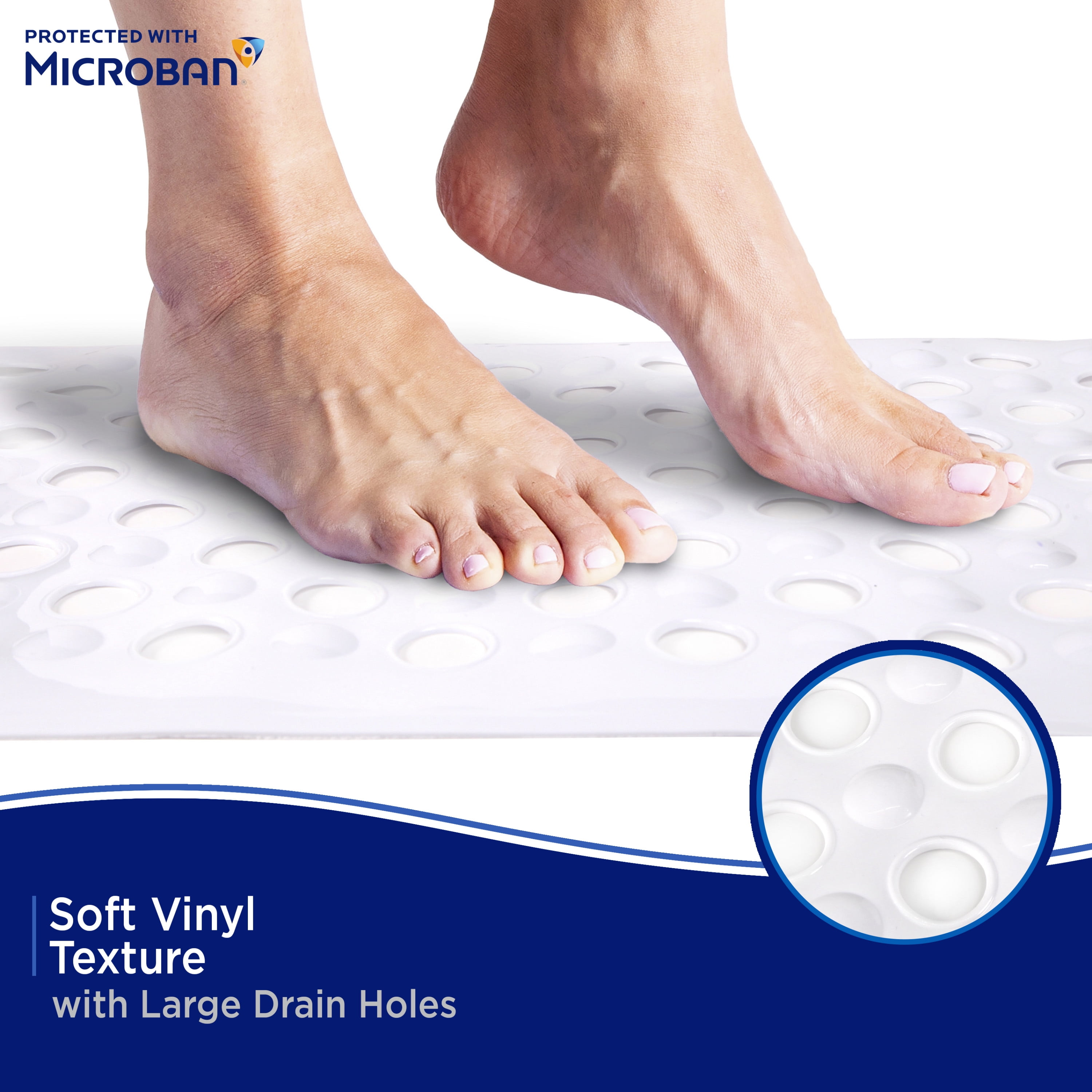 Kenney Microban Protected Vinyl Bath Mat, 27” L x 14.5” W, White