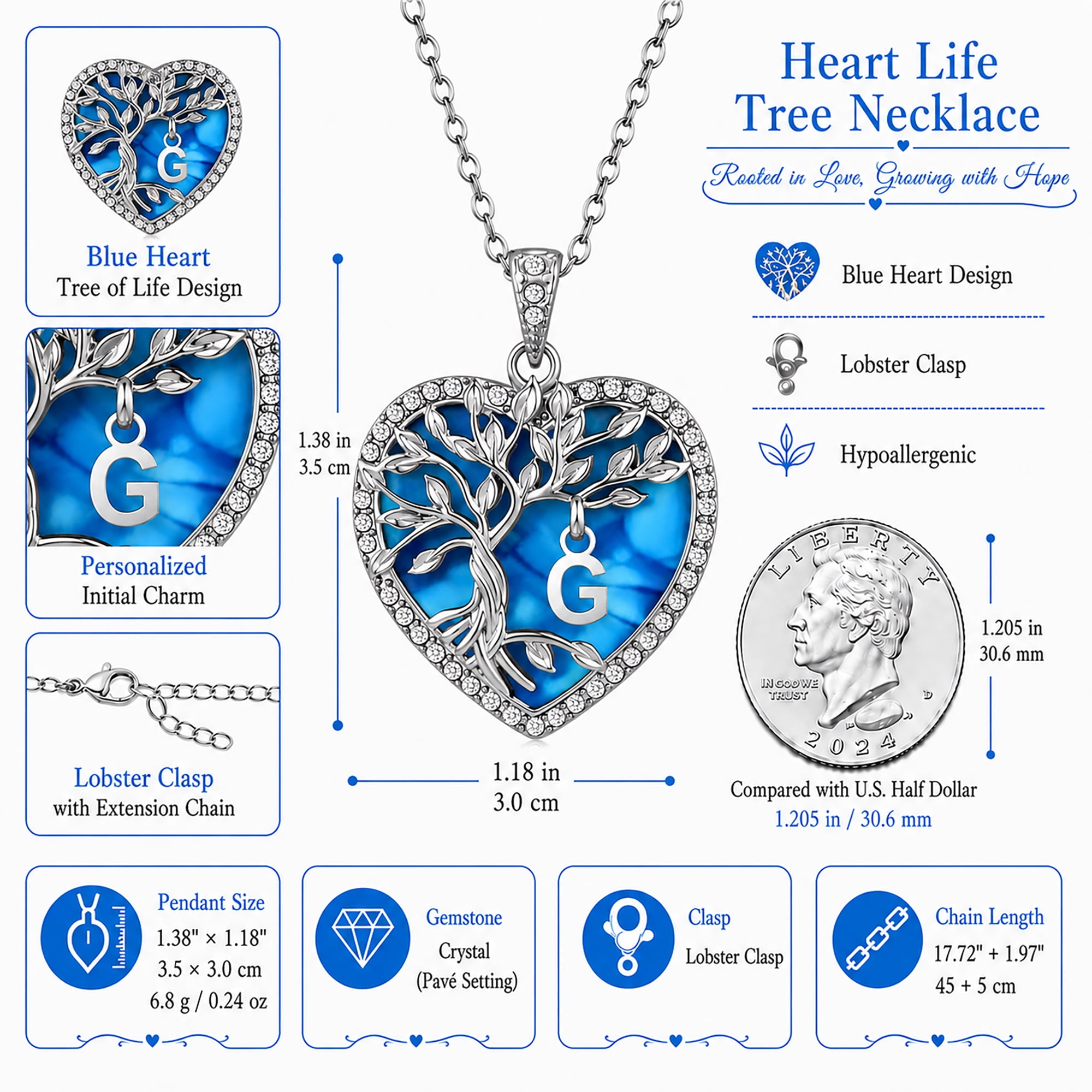 Heshpaws Tree of Life Necklace for Women ，Heart Pendant with Initial Letter , A-Z Alphabet Jewelry for Women, Birthday Anniversary Gift