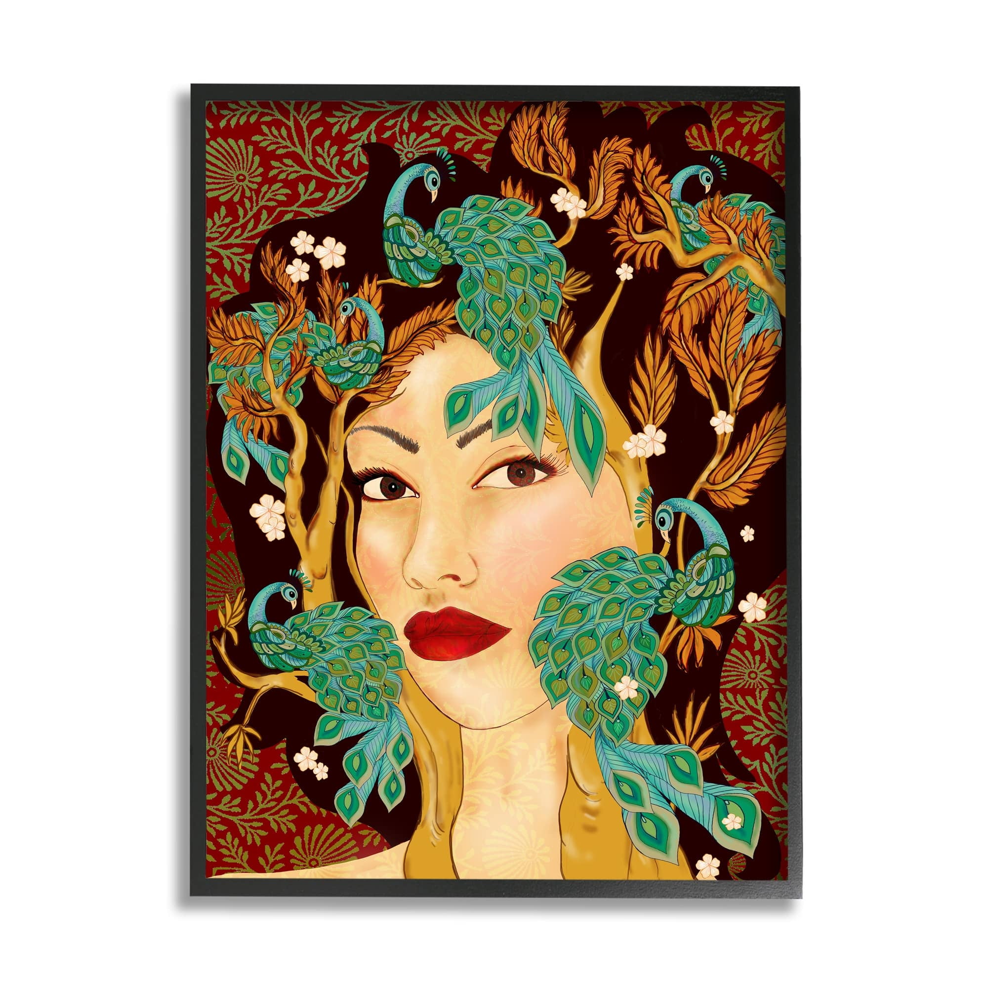 Stupell Industries Boho Woman Regal Peacock Birds Abstract Foliage Pattern, 16 x 20,Design by Sangita Bachelet