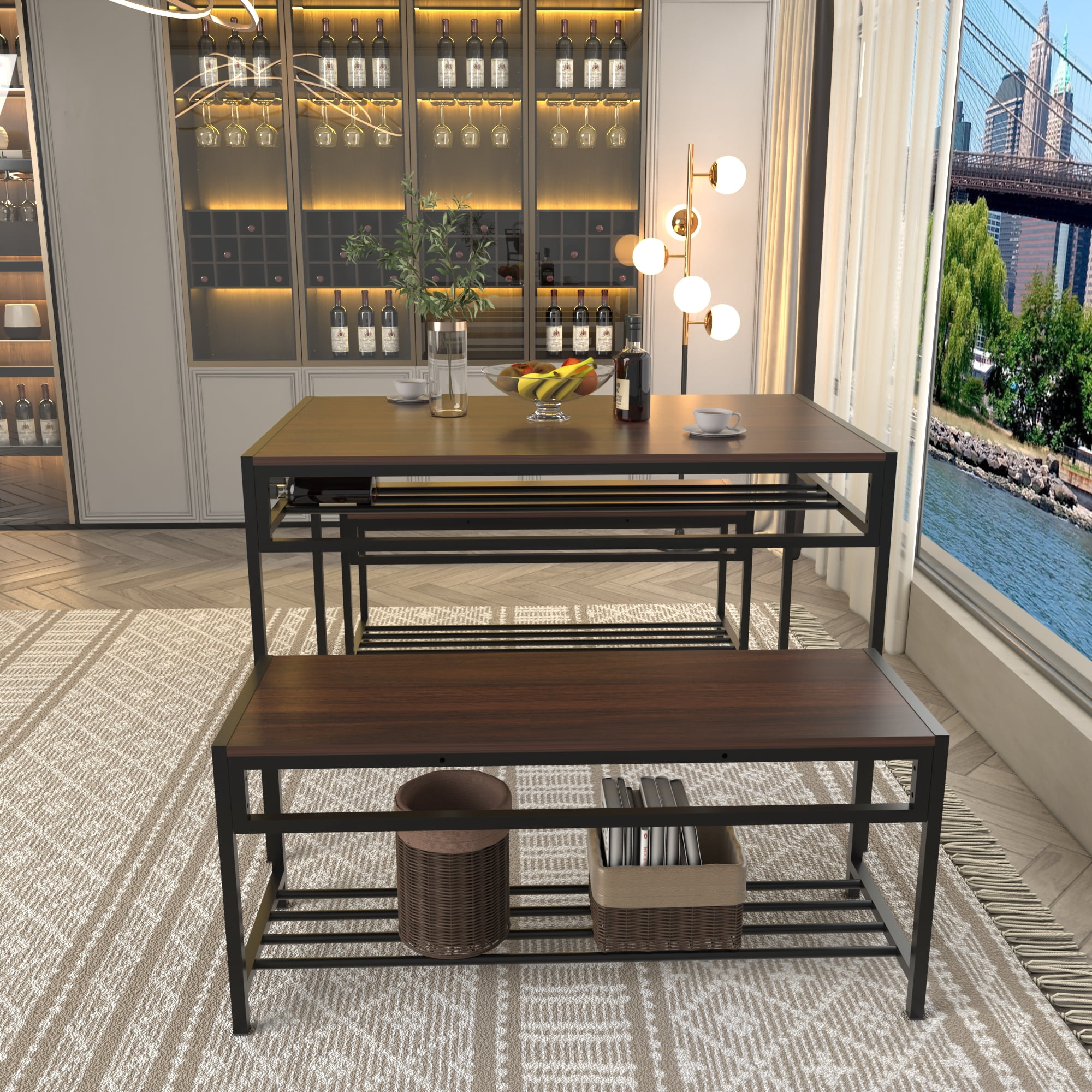 HOQBN Industrial 3 Piece Dining Table Set with 2 Benches,Rectangular Wood Grain Kitchen Table with Built-in Wine Storage Rack, Space Saving Dinner Furniture for Small Apartment Home,Walnut Brown