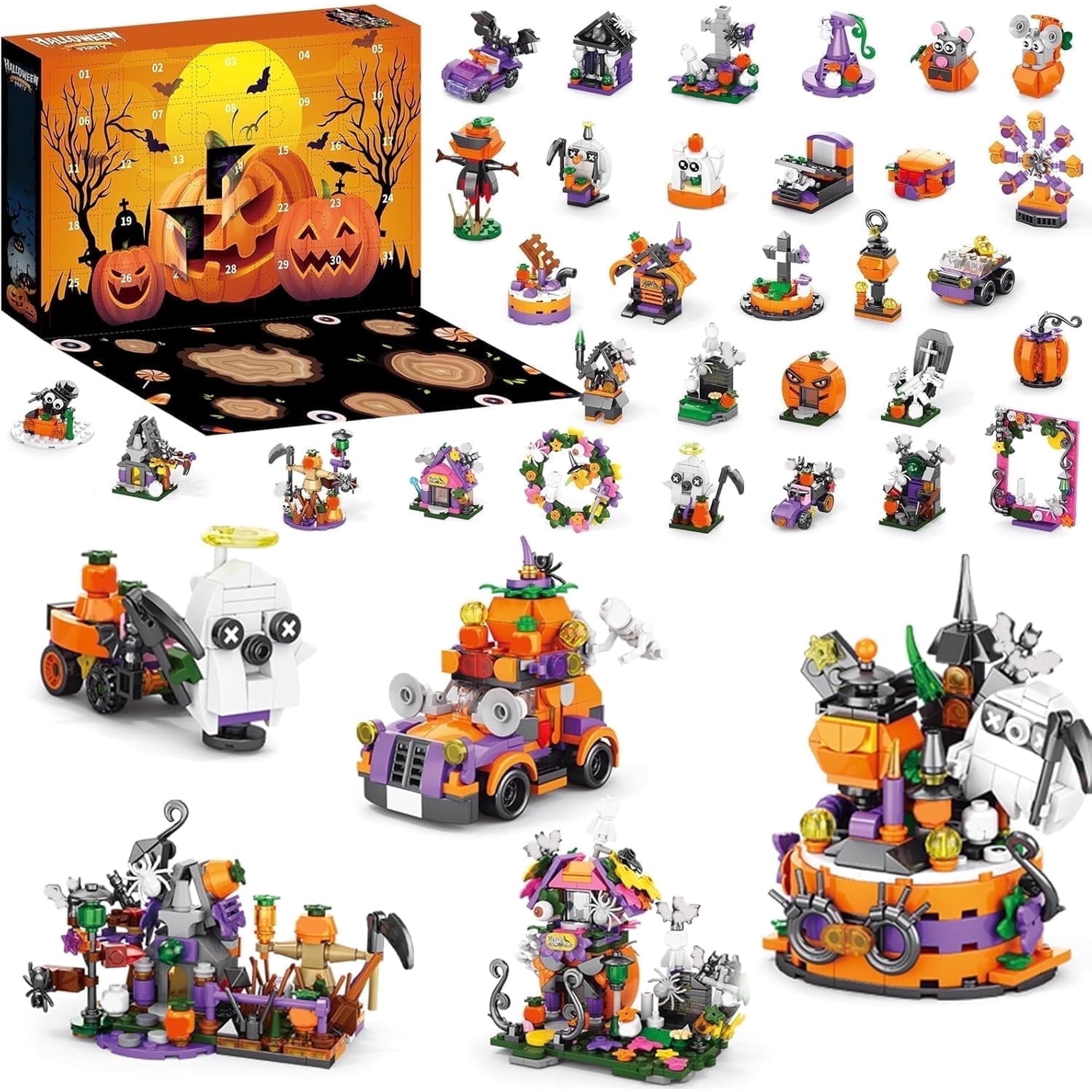Halloween Advent Calendar Pumpkin House Haunted Mansion Building Block Kit, 31 Days Countdown Toys 1328pcs