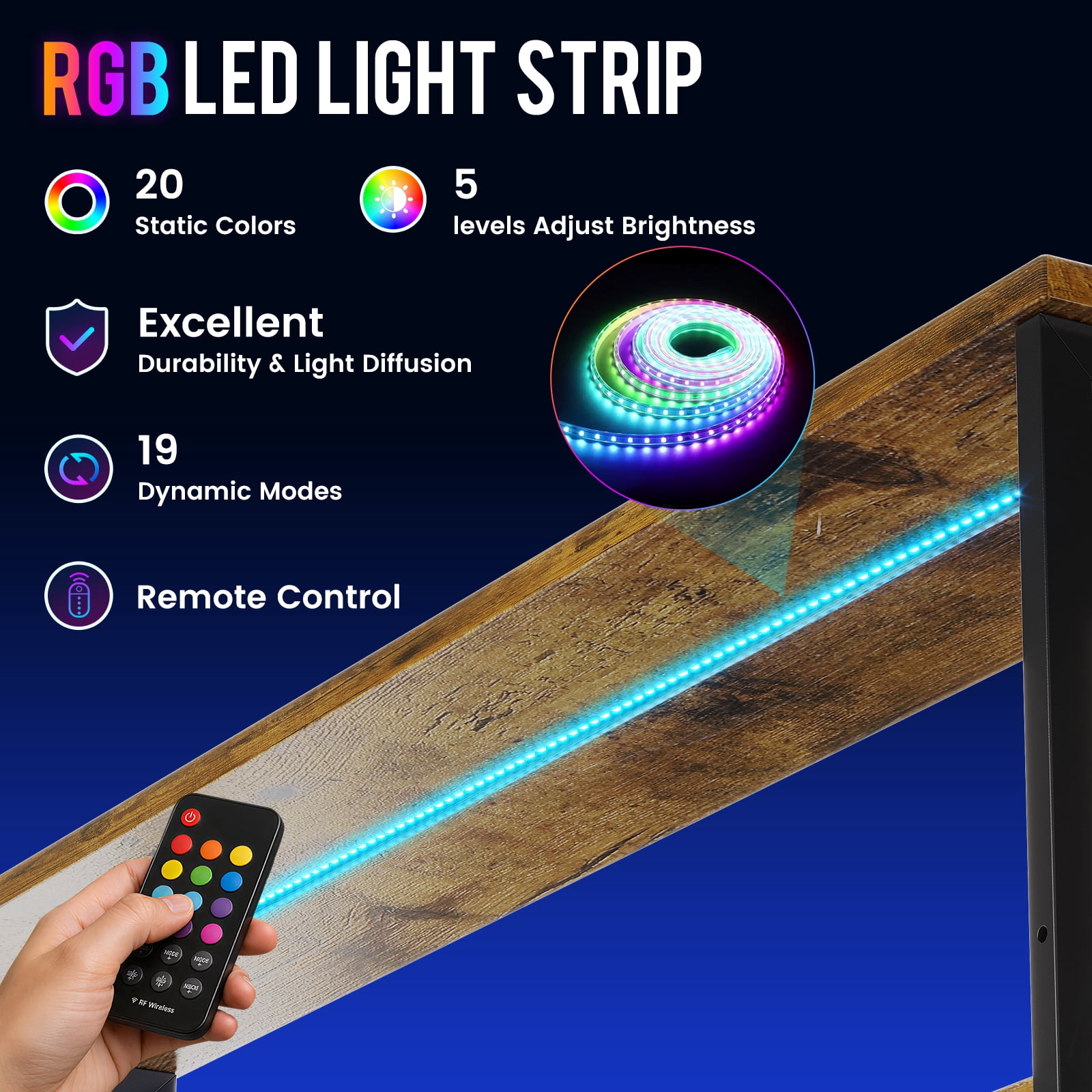 CLOUDREST PTO 53" L-Shaped Gaming Desk, Power Outlets & RGB LEDs, Brown