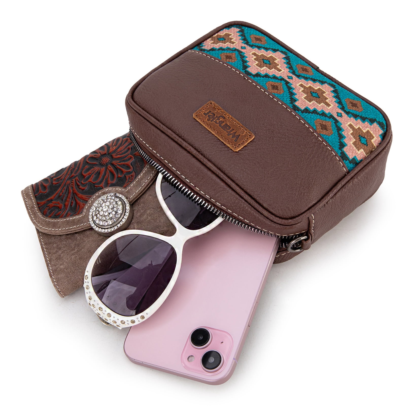 Wrangler Crossbody Bag for Women Aztec Mini Crossover Purse with Guitar Strap, Coffee With Turquoise