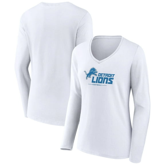 Women's White Detroit Lions Logo Team Lockup Long Sleeve V-Neck T-Shirt