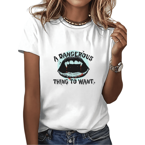 White Vampire Fangs Lips A Dangerous Thing To Want Gothic Dark Romance Print Tshirt Graphic Tees Shirts Tops S-5XL