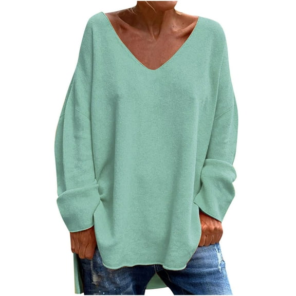 WREESH Womens Fashion T-Shirts Casual V Neck Solid Color Pullover Loose Fit Long Sleeve Tops Casual Tops Blouse T-Shirt Green