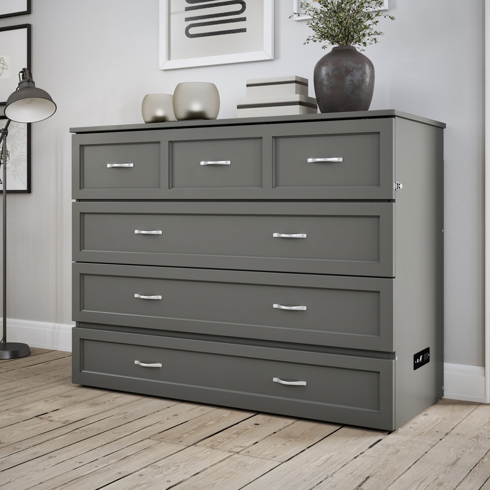 AFI Deerfield Full Solid Wood Murphy Bed Chest with Mattress, Drawer & Charger in Gray