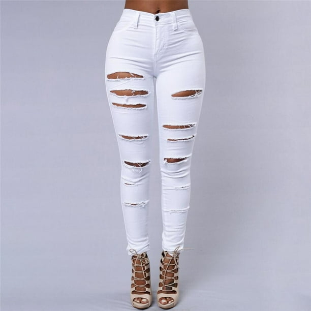 Jeans High Waist Tight Denim Pants Woman Sexy pants woman Tight Long  Trousers, White, S 