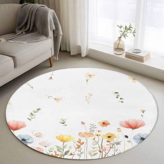 Round Rug 4Ft Washable Non-Slip, Spring Wildflowers Circle Area Rugs for Living Room Bedroom, Watercolor Rustic Flowers Floral Leaves Indoor Floor Mats Carpet Runner for Home Decor Aesthetic