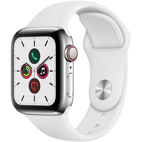 Restored Apple Watch Series 5 (GPS+Cellular, 40mm) - Stainless Steel Case - White Sport Band (Refurbished)
