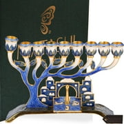 Hand Painted Blue Enamel Menorah Candelabra with a Jerusalem City Design and a Dreidel, Embellished with Gold Accents and High Quality Crystals by Matashi