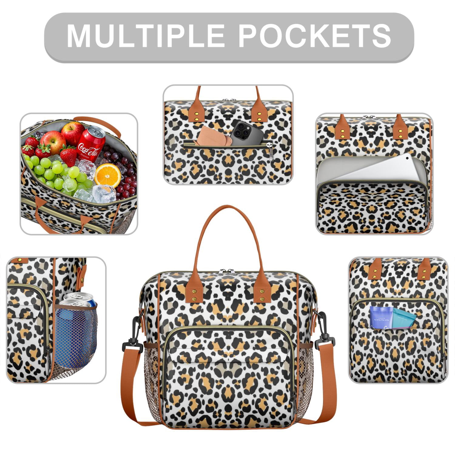 Cute Leopard Spots Insulated Lunch Bag – Reusable Cheetah Pattern Cooler Tote for Women, Leakproof Dual Compartment Design for Work, Travel
