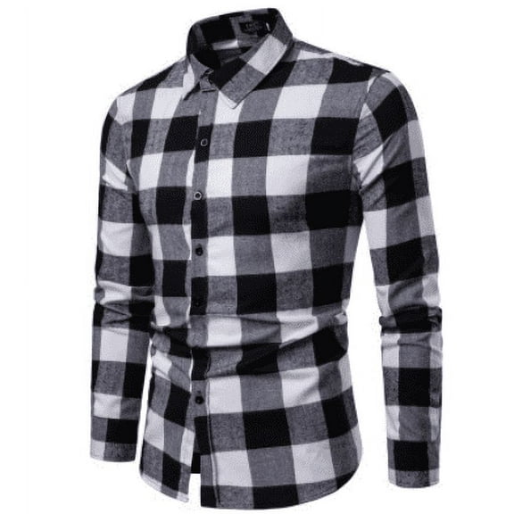 New Men's Long Sleeve Plaid Shirt, Casual Button Down Slim Fit Top with Standing Collar