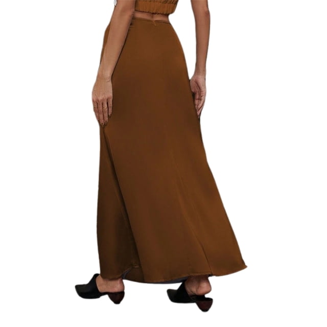 Robes Grande Taille Élégante Jupe en Satin Ceinturée Longueurs Longues Ample Décontractée Robe Femme Marron L