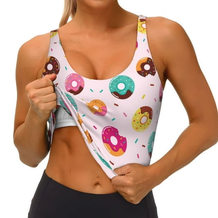 Qokaie Colorful Donuts Pattern Womens Scoop Neck Sports Bra Breathable Workout Vest Padded U Back Medium Impact Fitness Gym Yoga Bra Workout Crop Top