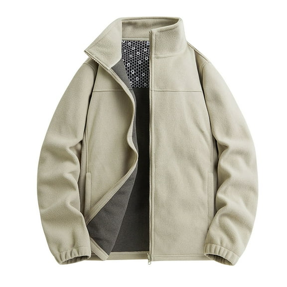 Fjofpr Jackets for Men No Hood Men's Solid Color Fleece Long Sleeved Zipper Stand Up Collar Pocket Jacket Coat