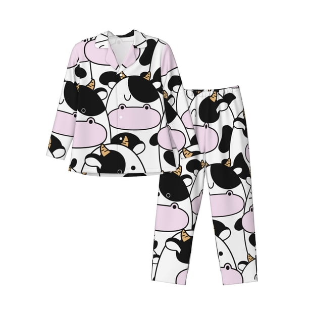 Balery Cute Animal with Cow Pijama para Hombre de Dos Piezas con Manga Larga, Conjunto de Dormir y Descanso Suave con Bolsillos-Medium