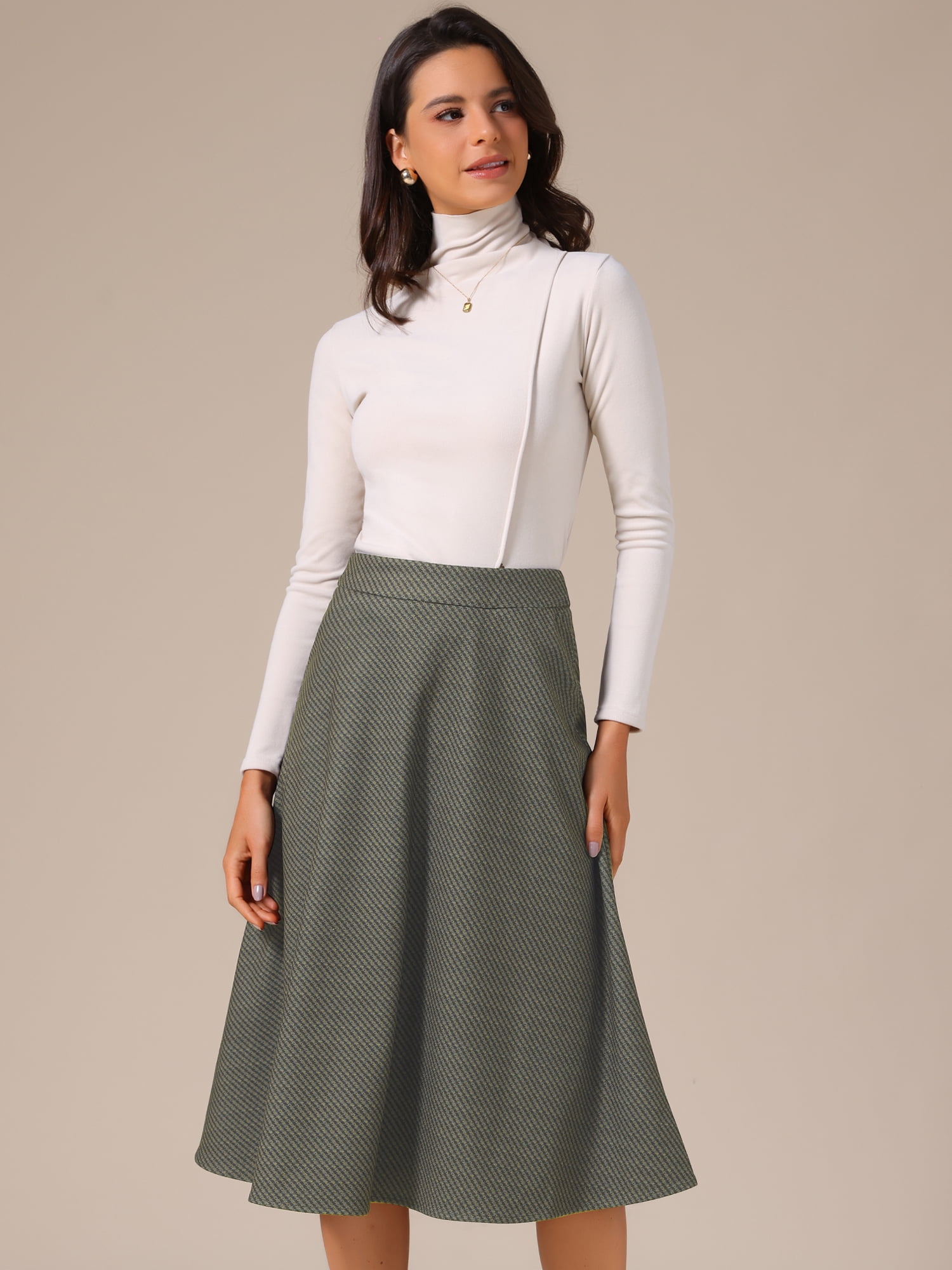 DARING DIVA Women's Houndstooth Plaid Midi Skirt Vintage A-Line Skirts Large Coffee