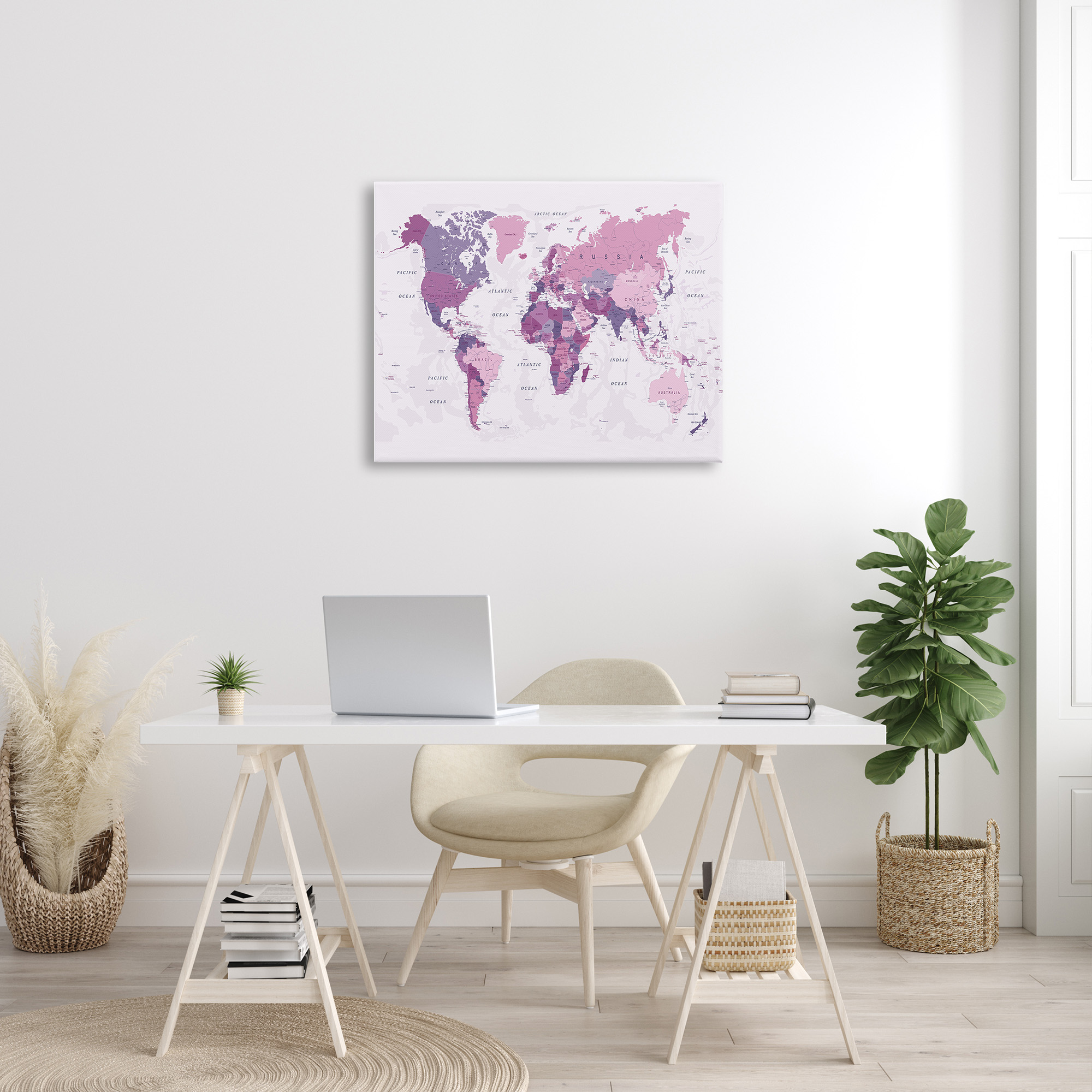 Stupell Industries Detailed Pink World Map Town & City Painting Gallery Wrapped Canvas Art Print Wall Art, 40 x 30