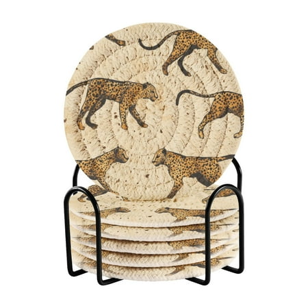 

6 coil coasters 3.94x3.94x0.24 inch water coasters Drink coasters with cup holders Absorbent coasters Heat resistant for bar protection Yellow Cute Leopard