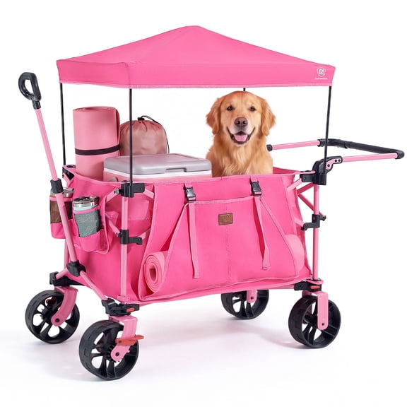 EVER ADVANCED 400L Large Capacity Folding Double Decker Wagon with Brakes, 54" Extra Long Extender Wagon Cart for Camping, Sports, Shopping,Pink