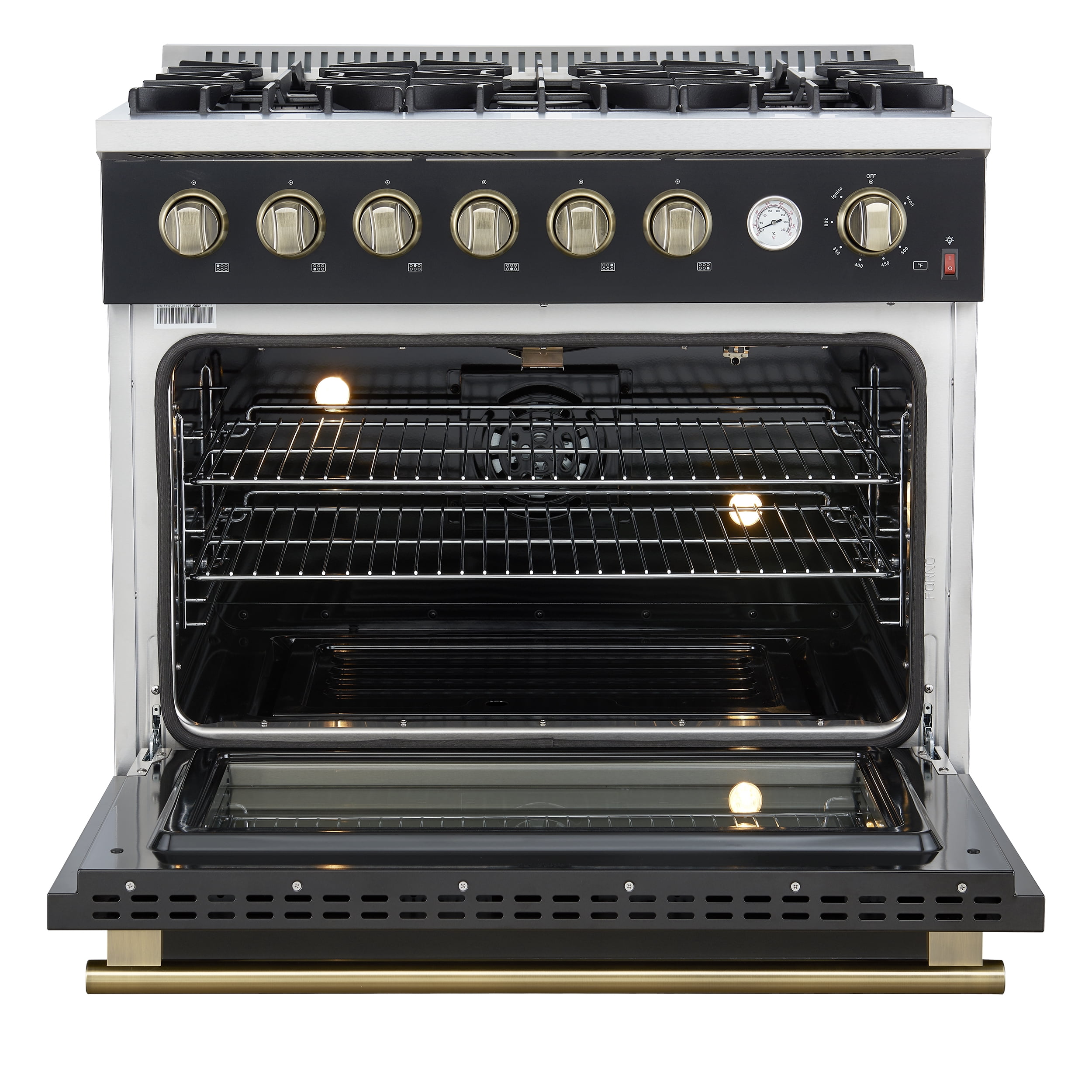 Marco 36-Inch Gas Range Black & Antique Brass Design, 6 Burners 67,000 BTU, 5.36 cu.ft. Convection Oven