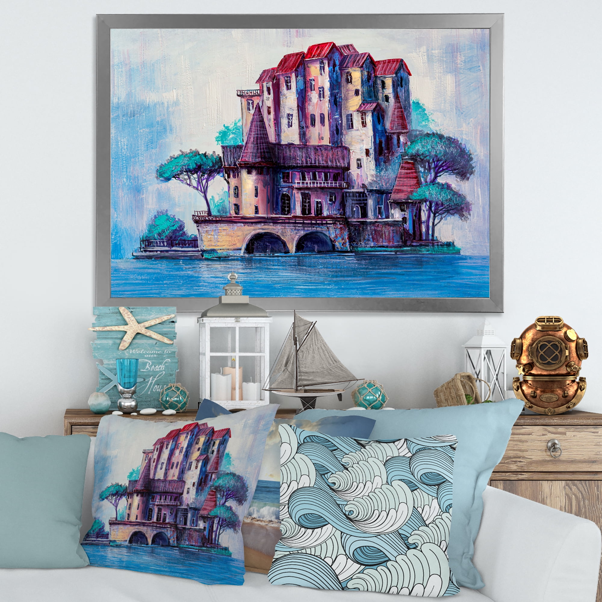 Designart 'Ancient City Skypscrapers By The Bridge' Traditional Framed Art Print