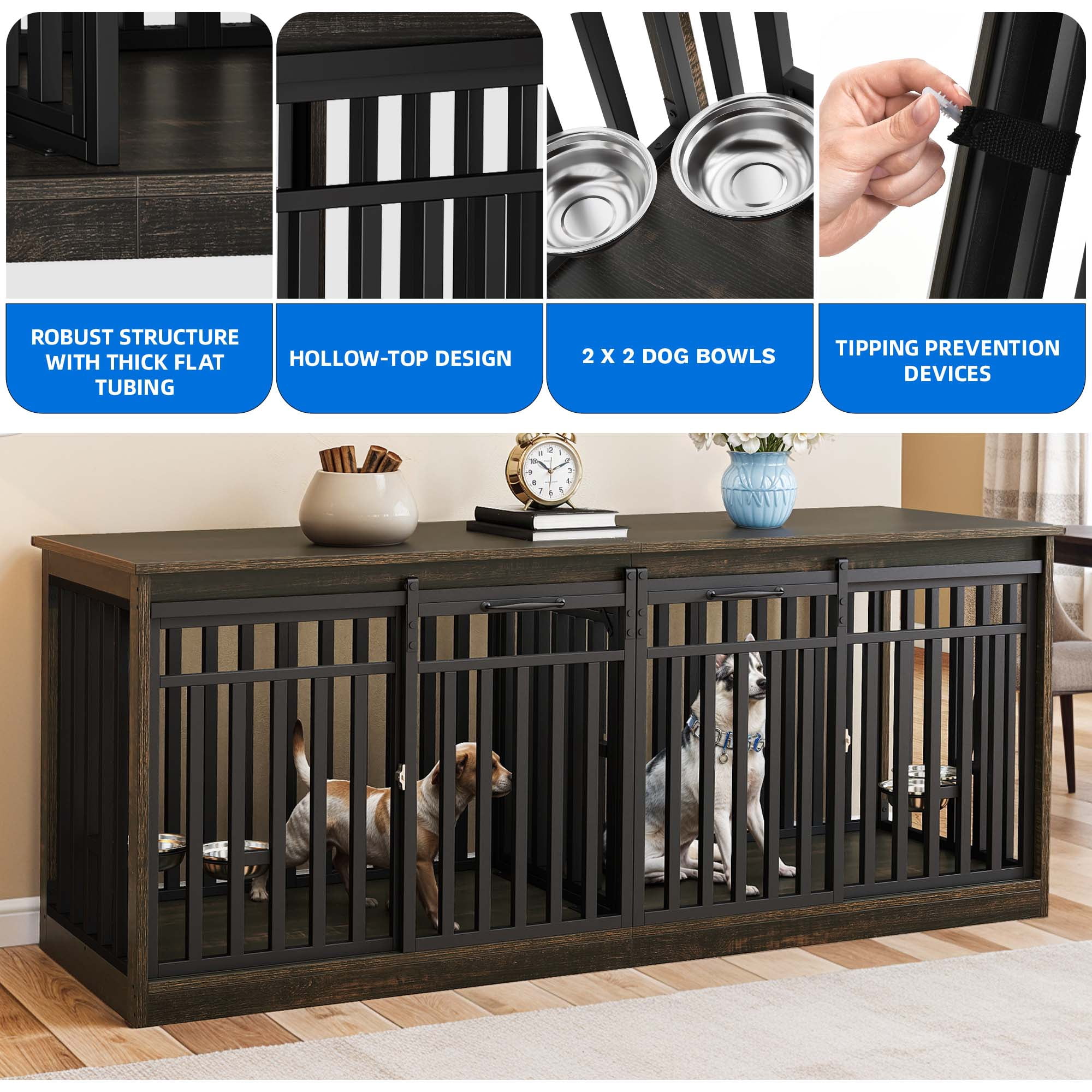 Dextrus 71" Dog Crate Furniture with 4 Dog Bowls for 2 Dogs, Heavy Duty Wooden Dog Kennel Crate TV Stand - Black Oak