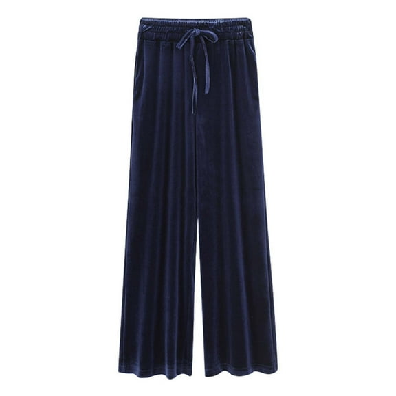 Odeerbi Solid Color Velvet Pants for Women 2025 Fall Fashion Casual Comfortable Solid Color Elastic Waist Tie Pocket Full Length Pants Dark Blue