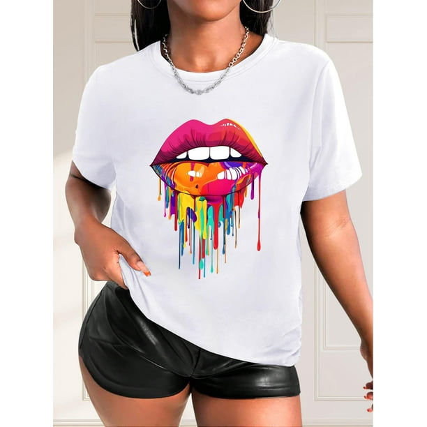 Camiseta Para Mujer De Verano Cuello RedondoColorful Lips Print T-Shirt, Crew Neck Short Sleeve T-Shirt, Casual Sport Tops, Women's ClothingFather's Day, Mother's Day, New Year, Spring Festival, Val