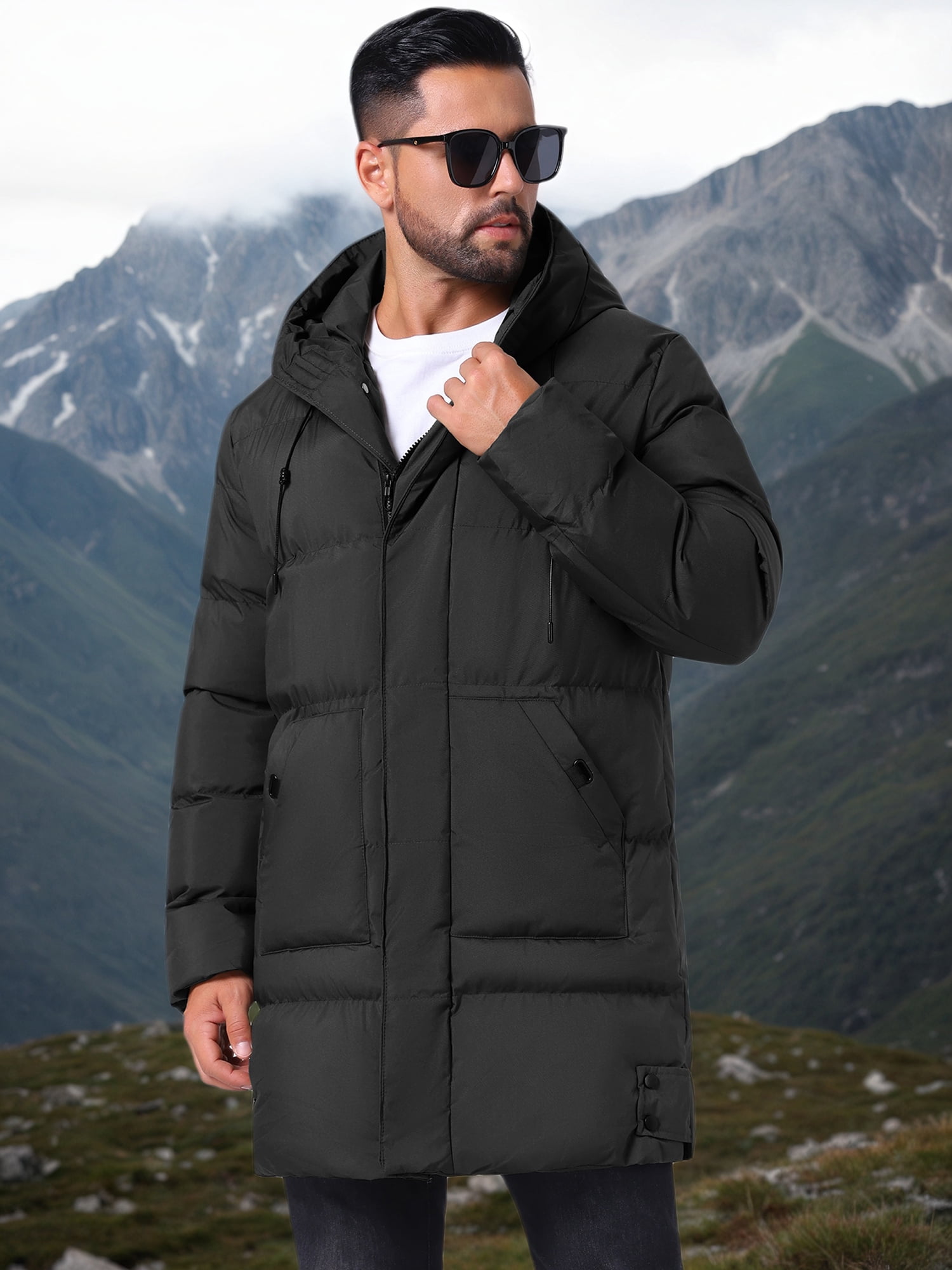 DARING DIVA Men's Mid-Length Outerwear Zipper Quilted Hooded Padded Coat XL Black