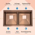 thumbnail image 4 of Strictly Sinks 32 Inch Copper Undermount Workstation Kitchen Sink Scratch and Stain Resistant 16 Gauge Double Bowl Bottom Grid, Wooden Cutting Boards Colander with Two Strainer Square Drains Two Strainer Flanges Copper, 4 of 7