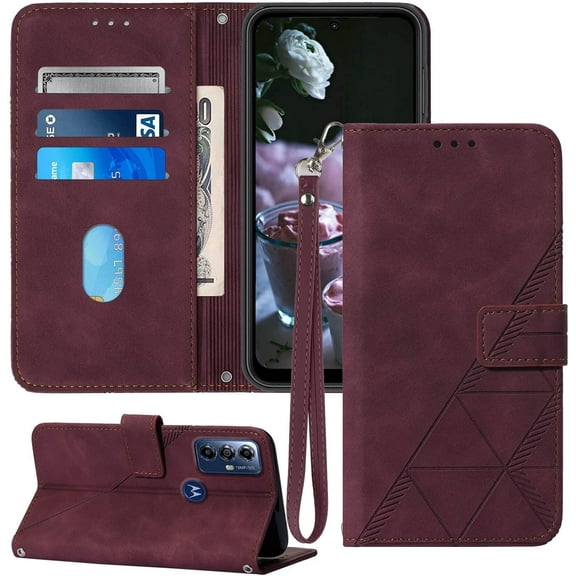 for Moto G Play 2023 Case Wallet,for Moto G Power 2022 Case,Card Holder Slots Wrist Strap TPU Interior Protective,Stand PU Leather Folio Flip Cases Cover (Red)