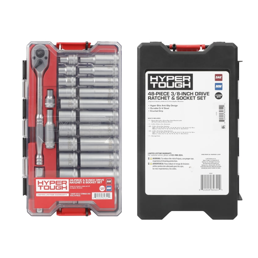 Hyper Tough 3/8-inch Drive Ratchet and Socket Set, SAE and Metric, 48 Pieces
