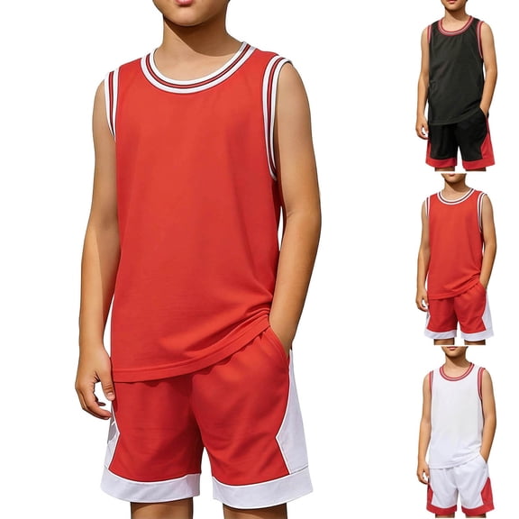 WAVSUF Boys Activewear Outfits Quick Dry Tank Tops and Short with Pockets Summer Basketball Outdoor Sets 2 Piece Red Size 4